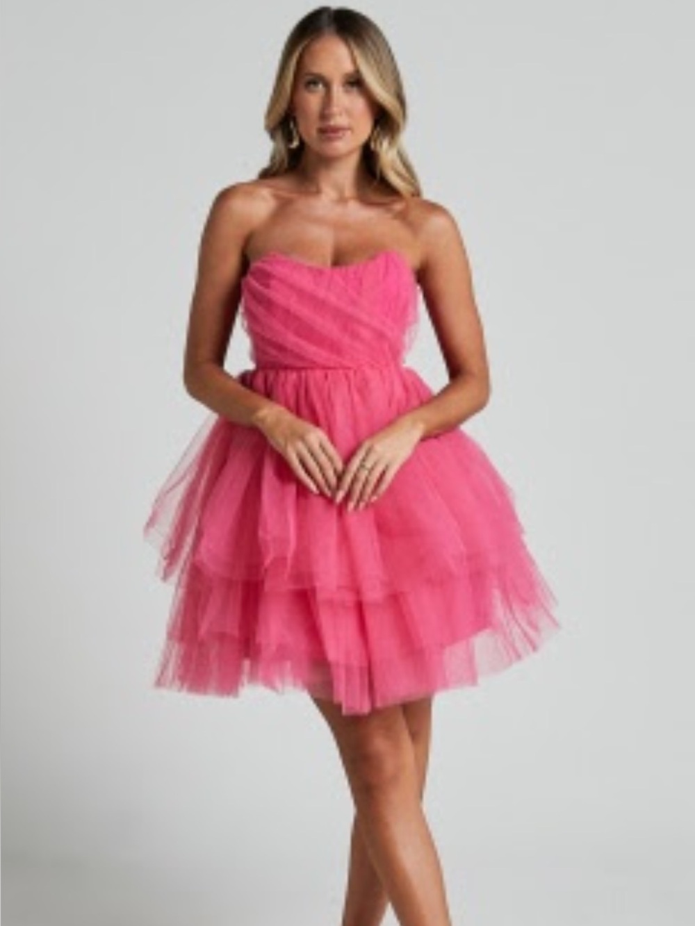 Showpo Strapless Tiered Tulle Mini Dress Size 4 Pink